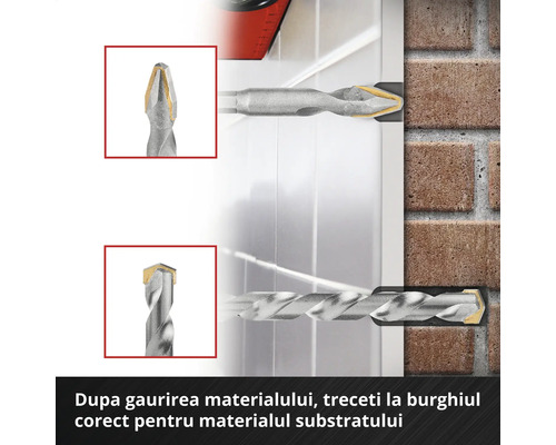 Prim-plan cu două burghie care găuresc diferite materiale, prezentate într-un montaj