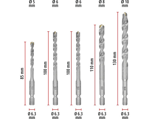 Diverse dimensiuni de burghie pentru piatră într-un set