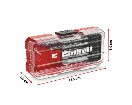 Set de burghie și biți Einhell în cutie de plastic cu dimensiunile 17,5 cm x 3,5 cm x 8,0 cm
