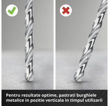 Ilustrație privind utilizarea corectă a unui burghiu pentru metal, ținut vertical.