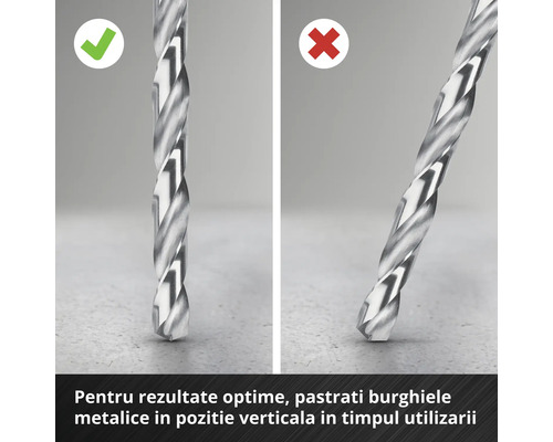 Ilustrație privind utilizarea corectă a unui burghiu pentru metal, ținut vertical.
