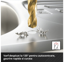 Burghiu metalic auriu care găurește o suprafață metalică