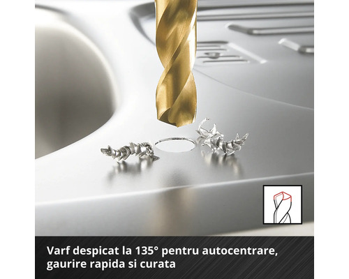 Burghiu metalic auriu care găurește o suprafață metalică