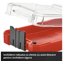 Prim-plan cu cutie de scule cu capac transparent și mecanism de închidere