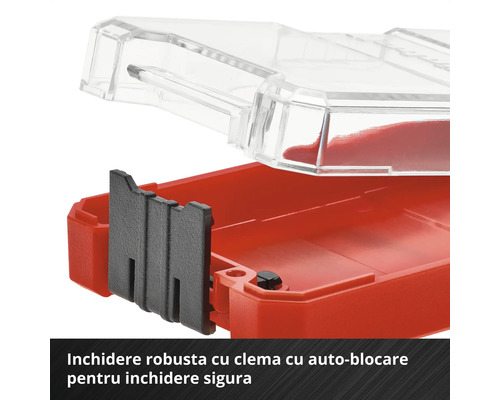 Prim-plan cu cutie de scule cu capac transparent și mecanism de închidere