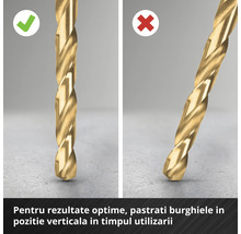 Ilustrație privind utilizarea corectă, pe verticală, a unui burghiu.