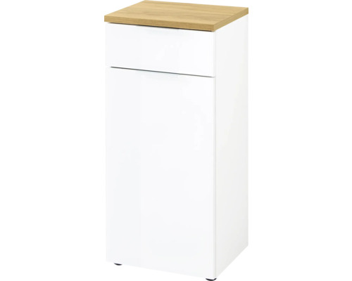 Dulap de baie alb cu sertar și blat din lemn