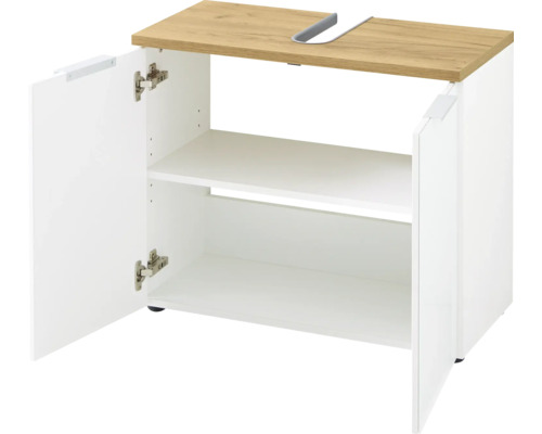 Dulap de bază pentru lavoar cu două uși deschise și două rafturi