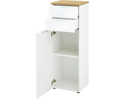 Dulap de baie cu două sertare, un compartiment și o ușă deschisă