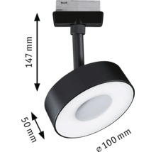 Spot LED negru cu dimensiunile de 147 mm înălțime, 50 mm adâncime și 100 mm diametru.