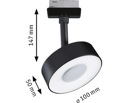 Spot LED negru cu dimensiunile de 147 mm înălțime, 50 mm adâncime și 100 mm diametru.
