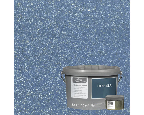 Recipient cu vopsea colorată pentru pereți și efect de sclipici pe fundal albastru