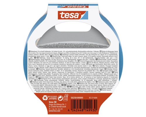 Bandă de mascare Tesa, margini precise ale vopselei, rezistentă la UV și condiții meteo, îndepărtare fără urme