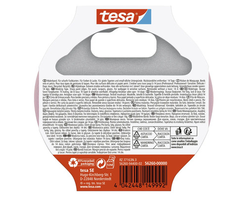 Logo Tesa. Simbol ambalaj reciclat 85%. Simboluri de reciclare pentru componentele ambalajului. Lungimea benzii de 12 metri.