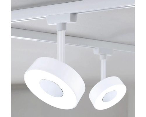 Două spoturi LED rotunde, albe, atașate pe o șină