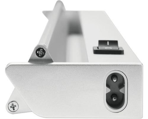 Imagine detaliată cu o lampă sub dulap argintie cu comutator și conexiune de alimentare