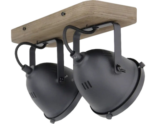 Lumină de plafon cu două spoturi și bază din lemn