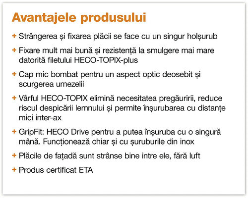 Avantajele produsului cu informații despre fixare, filet HECO-TOPIX-plus, cap bombat, vârf HECO-TOPIX, GripFit: HECO Drive și certificat ETA