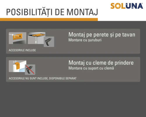 Opțiuni de montaj Soluna pentru montaj pe perete și tavan cu șuruburi sau cleme.