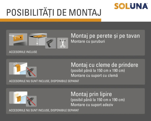 "Opțiuni de montaj pentru produsele Soluna: Montaj pe perete și tavan cu șuruburi incluse