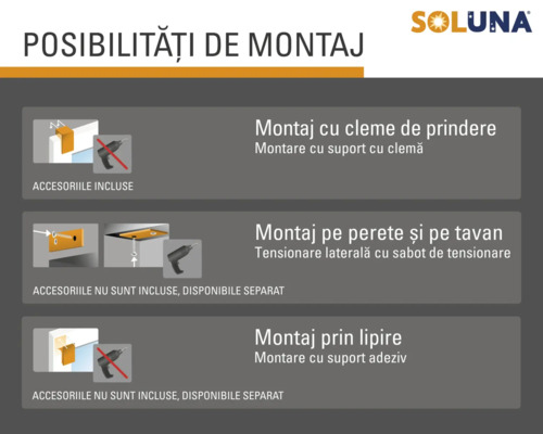 Opțiuni de montaj Soluna cu cleme de prindere, montaj pe perete și tavan și montaj prin lipire.