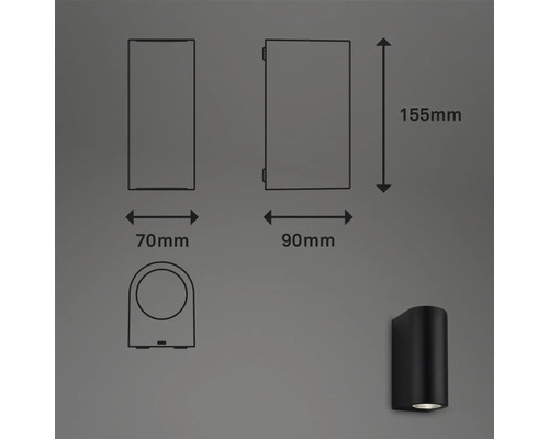 Desen tehnic al unei lămpi de perete cu dimensiunile 155 mm înălțime, 70 mm lățime și 90 mm adâncime.