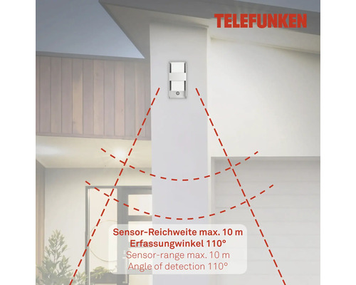 Corp de iluminat exterior Telefunken cu detalii despre senzor pentru detectarea mișcării într-o rază de maximum 10 metri și un unghi de detecție de 110 grade.