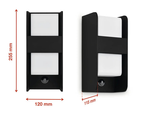 Imagine cu o lampă neagră de perete pentru exterior cu senzor de mișcare și dimensiunile de 255 pe 120 pe 115 milimetri.