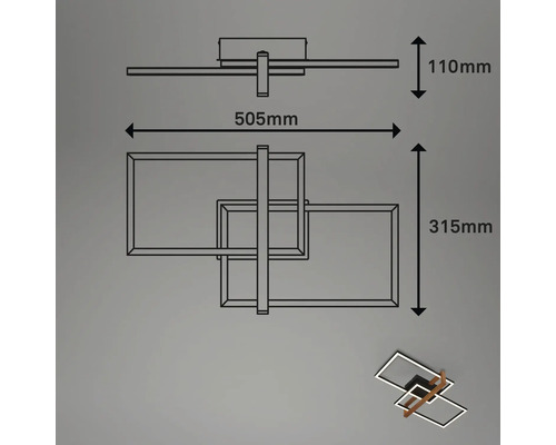 Dimensiunile plafonierei: 110 mm înălțime, 505 mm lungime, 315 mm lățime