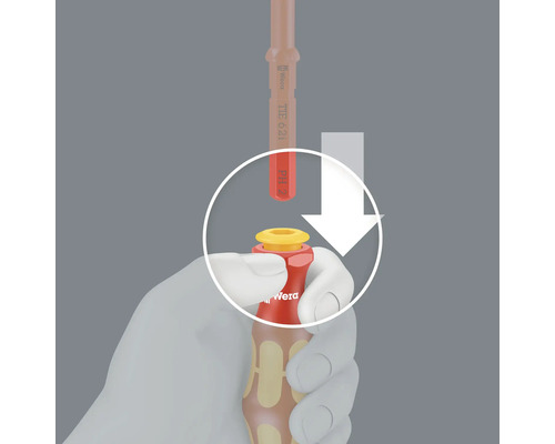 Ilustrație cu o șurubelniță introdusă într-un suport de biți de la Wera