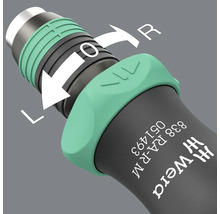 Vizualizare detaliată a manetei de comutare a unei șurubelnițe Wera cu etichetele stânga, oprit și dreapta