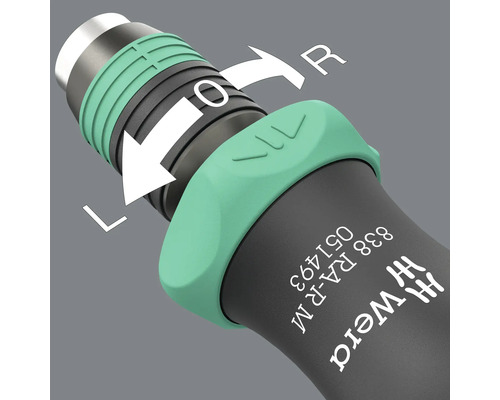 Vizualizare detaliată a manetei de comutare a unei șurubelnițe Wera cu etichetele stânga, oprit și dreapta