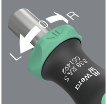 Prim-plan al șurubelniței cu clichet comutabil de la Wera, cu instrucțiuni pentru direcția de rotație și blocare