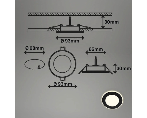 Desen tehnic al spotului încastrat cu LED, cu dimensiunile de 93 mm diametru și 68 mm diametrul orificiului