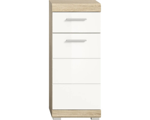 Comodă cu patru sertare cu aspect de lemn și alb