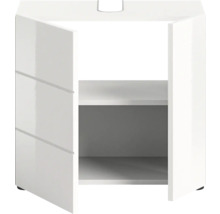 Dulap de bază alb pentru lavoar cu ușă deschisă și două rafturi.