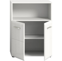 Dulap de baie alb cu două uși deschise și rafturi