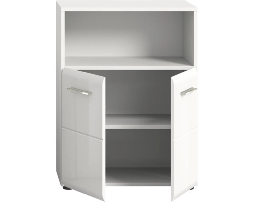 Dulap de baie alb cu două uși deschise și rafturi