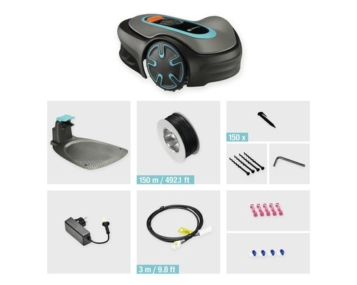 Robot de tuns gazon Gardena cu stație de încărcare, cablu perimetral, țăruși, conectori de cablu, borne de conectare, șuruburi și cheie Allen