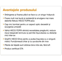 Avantajele produsului: fixare cu holșurub, filet HECO-TOPIX-plus, cap bombat, vârf HECO-TOPIX, GripFit: HECO Drive, produs certificat ETA