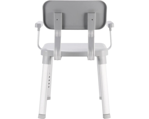 Vedere din spate a unui scaun de duș cu brațe și picioare reglabile pe înălțime.