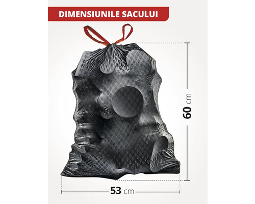 Sac de gunoi plin cu deșeuri, dimensiunile sacului 60 x 53 cm