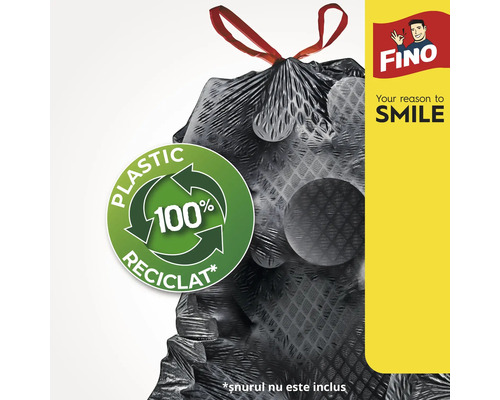 Sac menajer negru cu bandă de închidere roșie și inscripția 100% plastic reciclat