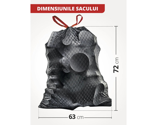 Sac de gunoi plin cu dimensiunile 72 cm înălțime și 63 cm lățime