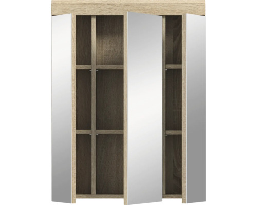 Dulap oglindă deschis din lemn cu rafturi