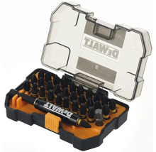 Set de biți DeWalt Logo cu diferite biți de șurubelniță și suport de biți în cutie de plastic deschisă