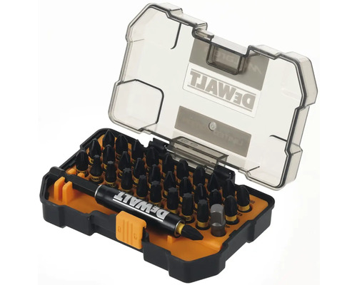 Set de biți DeWalt Logo cu diferite biți de șurubelniță și suport de biți în cutie de plastic deschisă