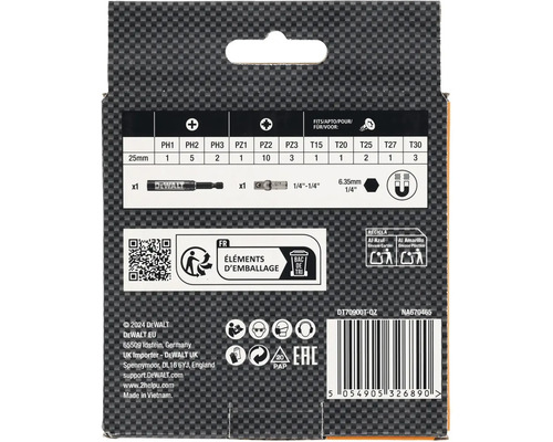 Informații despre ambalajul setului de biți DeWalt