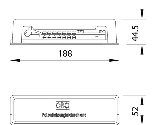 Desen tehnic al unei bare de egalizare a potențialului cu dimensiunile 188, 44,5 și 52 de milimetri.