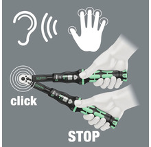 Ilustrație despre utilizarea unei chei dinamometrice cu un clic sonor pentru a indica cuplul corect